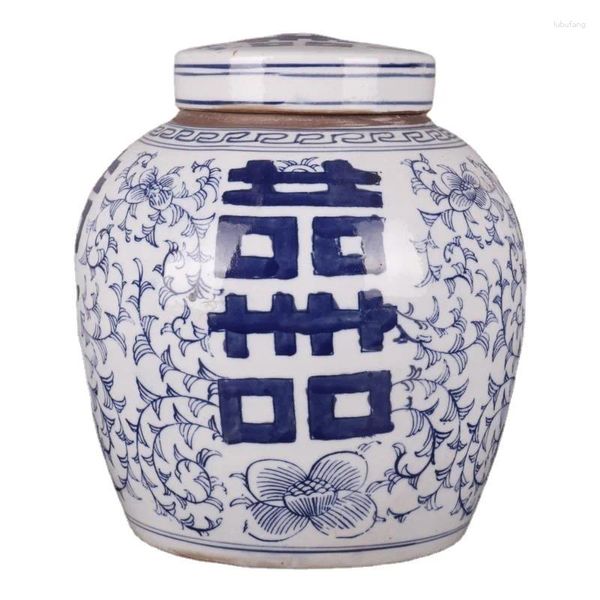 Flaschen blau und weiß chinesische antike Porzellanvase Qing Double Happiness Kanister mit Deckel Party Vorratsgläser Deckel