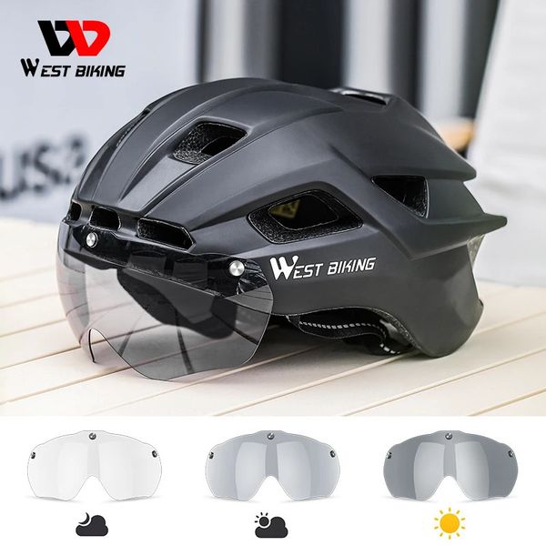 Ciclismo Caps Máscaras West Biking Capacete com Óculos de Luz LED P Lente Ocrômica Bicicleta Homens Tampa Segura MTB Bicicleta de Estrada Motocicleta 231212