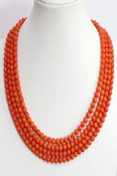 Europäische rosa orange 4 Reihen 6 mm runde Perlen künstliche Korallenkette hochwertige Halskette Schmuck 1720 Zoll B14523835725