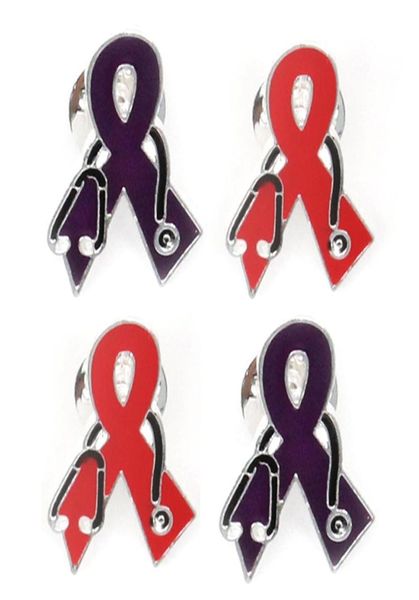 20 Broches de esmalte vermelho e roxo de 20 PCSLOT com formação de fita com estetoscópio Câncer de mama Consciência Medical Butterfly pinos para 98298887