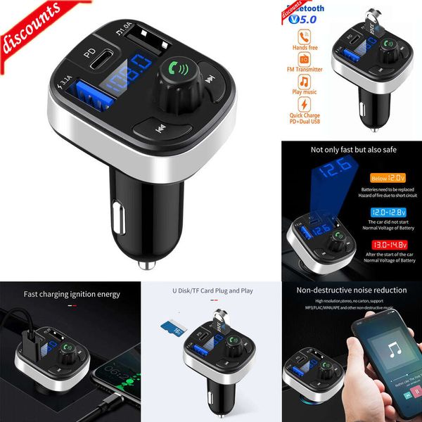 Neu Andere Autoelektronik Auto Bluetooth 5.0 FM-Transmitter Dual USB PD Typ C Schnellladung Autoladegerät Bluetooth-Mikrofon Freisprecheinrichtung Auto FM-Modulator