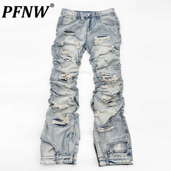 Mens Jeans PFNW Primavera Outono Desgastado Nicho Design Vintage Denim Calças Long Slim Fitting Plissado Moda Calças 12A7717 230625