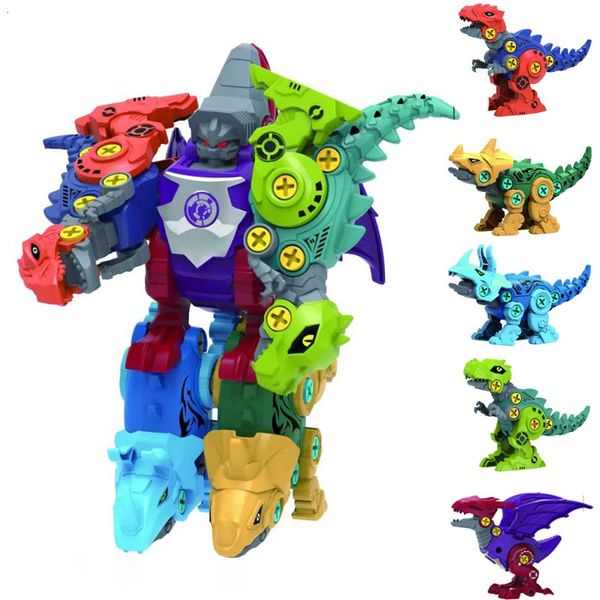 Brinquedos de transformação Robôs 5 em 1 Crianças Assembléia Dinosaur Dino Robô Robô parafuso Parafuso DIY Blocos Desmontagem Modelo de chave de fenda Toys 231213