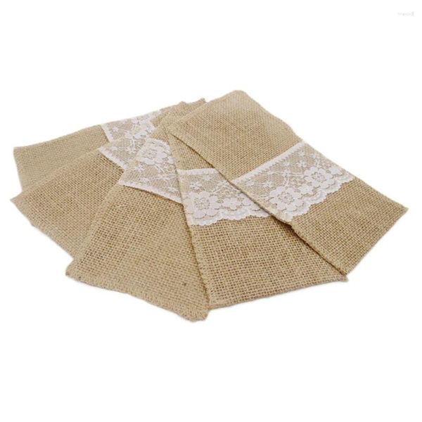 Décoration de fête Sac de vaisselle en dentelle de lin naturel grossier 4x8 pouces 50 pièces porte-couteau fourchette pour fourniture de mariage Rural