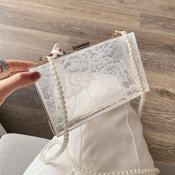 Borse da sera Borsa a tracolla in acrilico di pizzo bianco nero con catena di perle da donna Pochette da festa Borsa a tracolla da donna con patta333Q