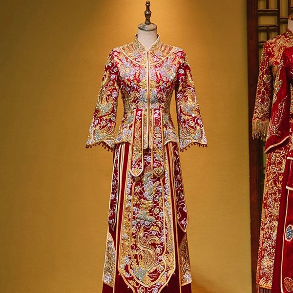 Abbigliamento etnico Yourqipao Cinese Xiuhe 2023 Abito da sposa tradizionale Cheongsam Toast Antichi costumi Abiti da sposa con perline pesanti 231212