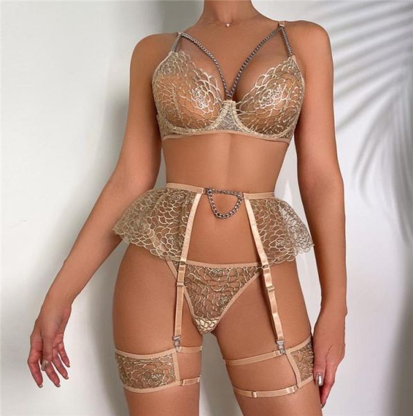 Conjuntos de sutiãs bordados mulheres sexy roupa interior de metal corrente sutiã briefs roupa interior senhoras charme lingerie9596464