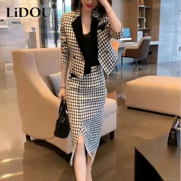 Vestido de duas peças outono inverno elegante moda houndstooth impresso blazers bodycon fenda saia conjunto senhoras casaco vintage cintura alta saias finas terno 231212