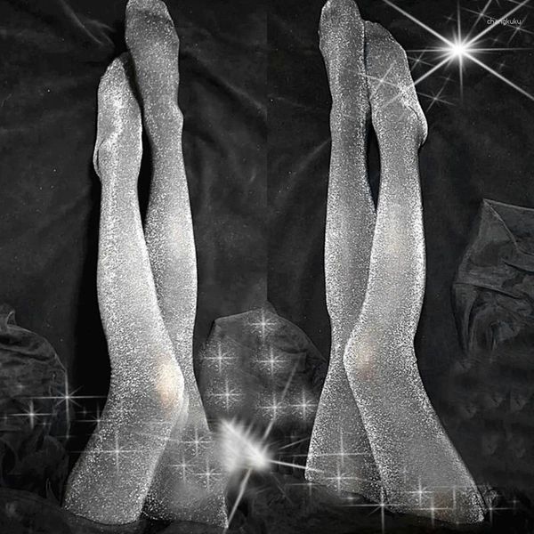 Frauen Socken 2023 Sommer Dünne Super Shiny Silber Seide Strümpfe Sexy Offenen Gabelung Party Club Sheer Strumpfhosen Strumpfhosen