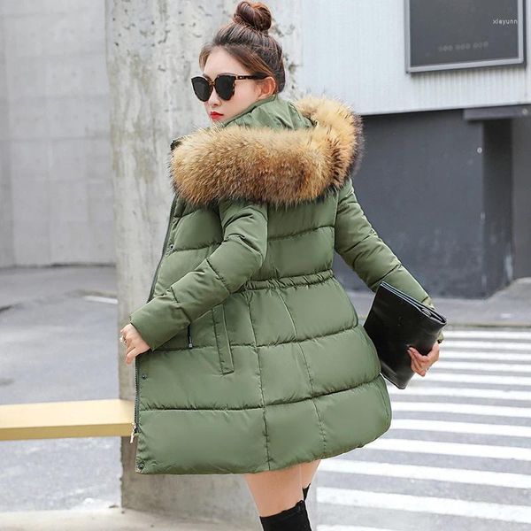 Damen Trenchcoats Abnehmbarer Hut Winterjacke Damen 2023 Großer Pelzkragen Frauen Lange Lose Freizeit Parka Mantel Weibliche Daunen Baumwolle