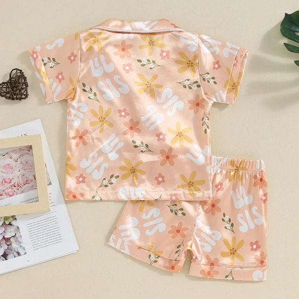 Conjuntos de roupas BULINGNA Kids Baby Girl Sister Matching Outfit Manga Curta Button Down Floral Pijama Camisa com Shorts Verão Cetim Pjs Set