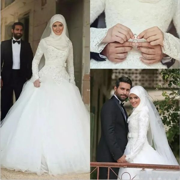 Abiti da sposa musulmani Said Mhamad Abiti da sposa invernali in pizzo Maniche lunghe Collo alto Abito da sposa arabo islamico a-line