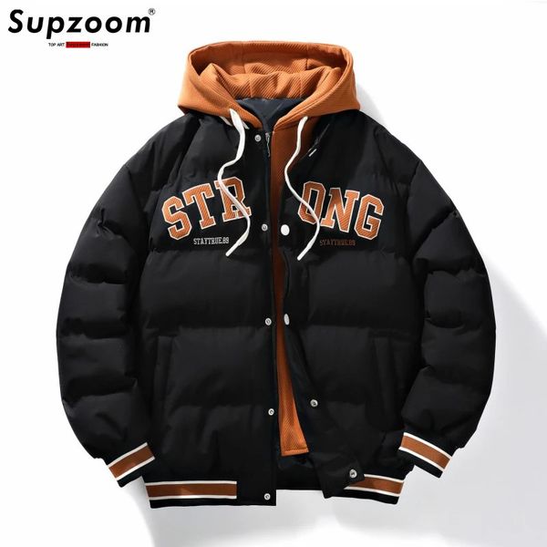 Jaquetas masculinas Supzoom Chegada Casual Bordado Mens Inverno Trendy Falso Duas Peças Com Capuz Pão Terno Casal Jaquetas e Casacos Acolchoados de Algodão 231212