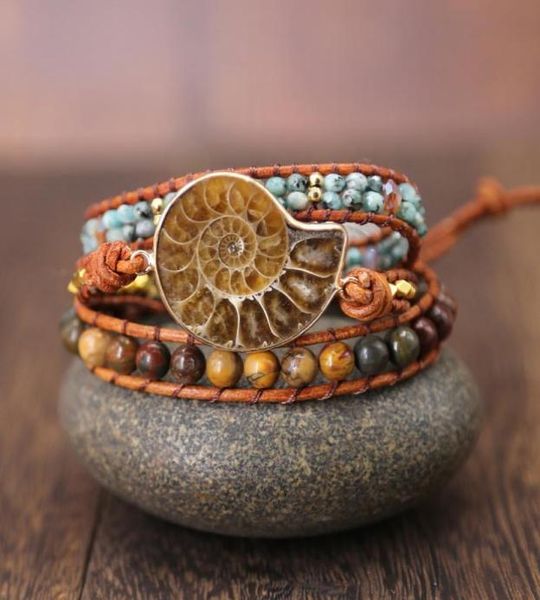 Ammonite fósseis concha caracol charme artesanal envoltório pulseira oceano reliquiae concha animal boho trançado pulseira para homens mulheres t19125561103