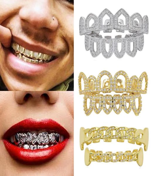 18 carati oro reale diamante denti cavi grillz bocca dentale ghiacciato zanne griglie bretelle dente cap vampiro diamante pieno punk hip hop rap4663410