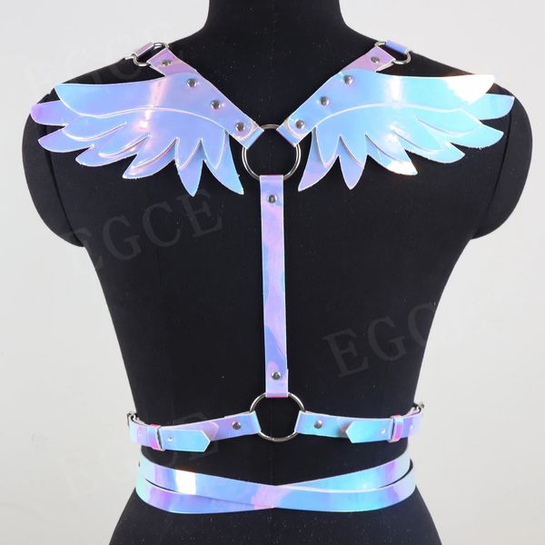 Sexy conjunto moda laser asas de anjo corpo dupla alça de ombro couro colthing acessórios cinto fetiche punk rave liga 231213