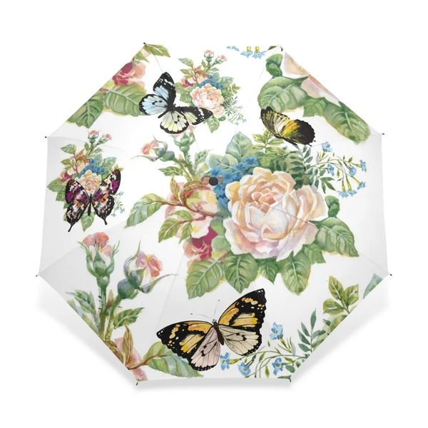 Regenschirme voller automatischer Schmetterlingsschirme Drei klappende Blumen Kinder Parasol Regenausrüstung Guarda Chuva Paragua 231213