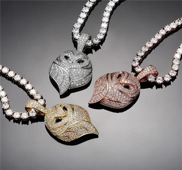 18K Gold Plated Animal Owl Colar Pinging Iced Out Full Zircond Diamond com Chain Chain Mens Jewelry3065321