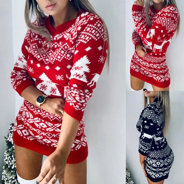 Женские трикотажные футболки, свитер, женский рождественский олень, вязаный с длинным рукавом и круглым вырезом, женский джемпер, модный повседневный пуловер на зиму и осень, одежда размера плюс 231213