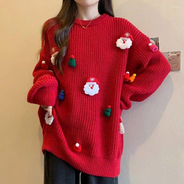 Maglioni da donna Maglione rosso natalizio Moda coreana Girocollo ampio lavorato a maglia a maniche lunghe Pullover Abiti da donna Autunno e inverno