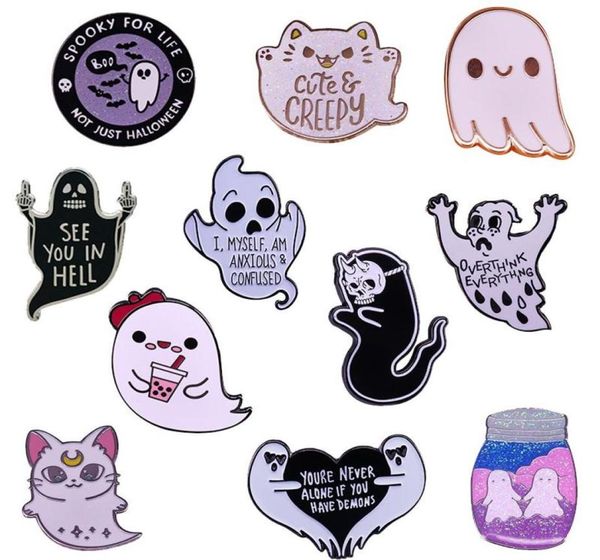 Pins Broschen, niedliche schwarze weiße Geister-Emaille-Pin-Kollektion, Halloween, gruselig, gruselig, gruselig, Boba-Katze, Geister, BOO-Brosche, Horror, Gothic24185682