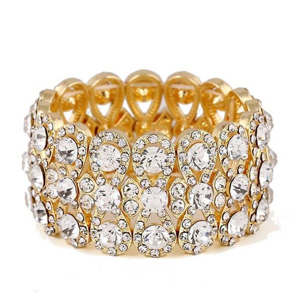 Hochzeit Schmuck Luxus Voller Kristall Strass Gold Farbe Armbänder für Frauen Braut Stretch Seil Breite Armbänder Armreifen188D