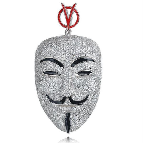 Хип-хоп V значит вендетта ожерелье серебряный цвет кубический циркон маска кулон для мужчин Ice Out теннисная цепочка рэпер Jewelry314a