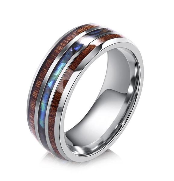 Clusterringe Holz Inlay Titaniumstahl für Männer 8 mm Abalone Schalen Wolfram Carbid Ring Beobachtung Mode männlicher Schmuck Accessoire 519578541