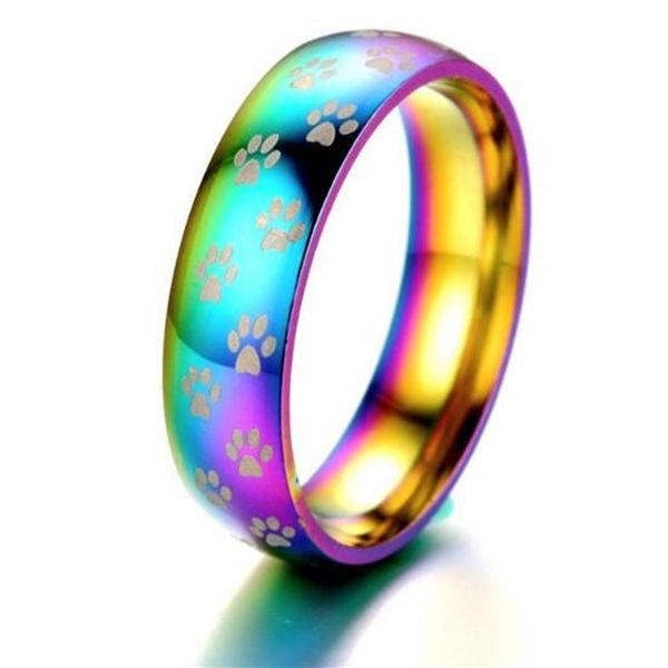 Anello da dito con stampa di zampa piccola arcobaleno colorato per coppia Promessa di fidanzamento 6mm Anelli di nozze dell'amante Lesbiche Gay Jewelry2140