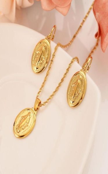 Orecchini pendenti con collana della Madre Vergine Maria Set in oro massiccio 14 carati Set regalo religioso cattolico per le donne4691249