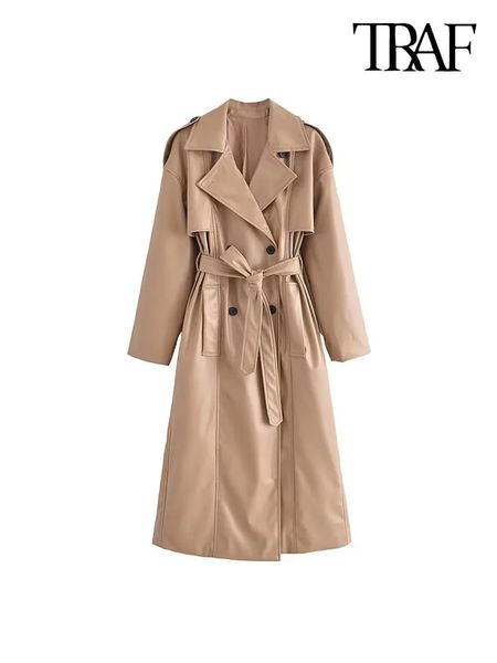 Mulheres Trench Coats TRAF Mulheres Moda Com Cinto Casaco De Couro Falso Vintage Manga Longa Bolsos Frontais Feminino Outerwear Chic Roupas 231213