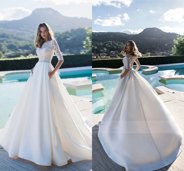 Meia mangas a linha vestidos de casamento modesto cetim vestidos de noiva jardim personalizado modesto moda europeia praia robe de mariee