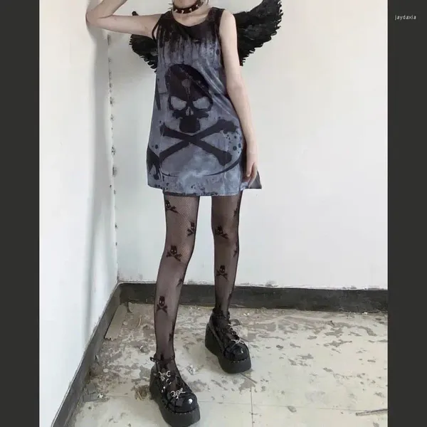 Vestidos casuais crânio halloween emo punk mini vestido mulheres kawaii goth escuro acadêmico estética fada grunge alt plus size roupas de outono