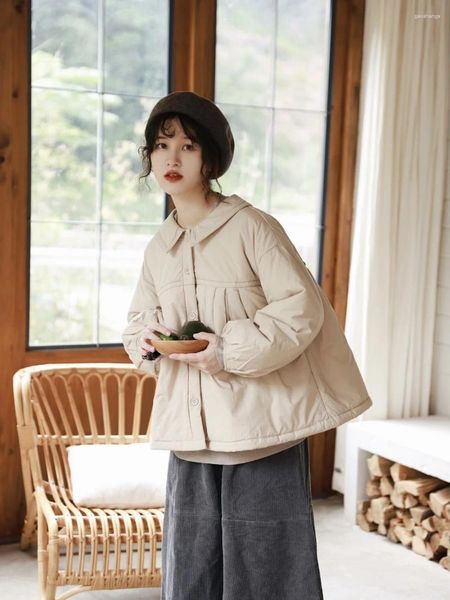 Trench feminina casacos japoneses literários retro espessos e outono inverno algodão solto mori colarinho de boneca doce colarinho fofo