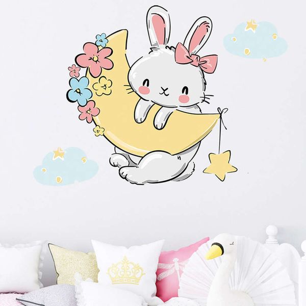 Wandaufkleber mit Cartoon-Motiv, niedlicher kleiner Hase, der auf dem Mond hängt, für Kinderzimmer, Schlafzimmer, Babyzimmer, Wandtattoos, Wandbilder, Tapeten, PVC