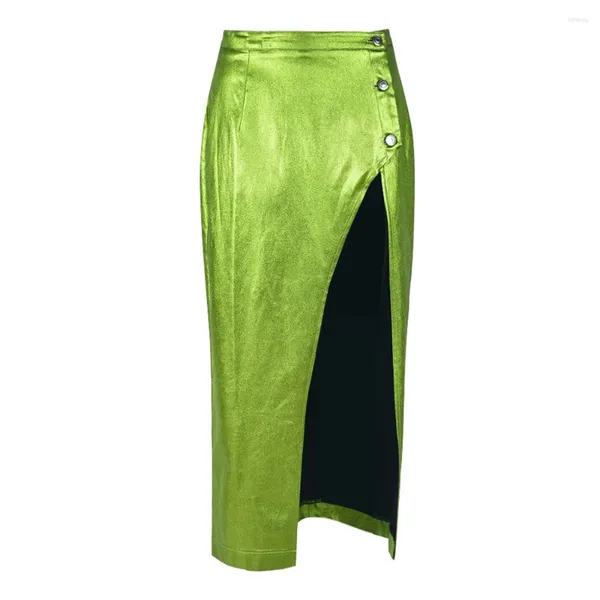 Юбки женские, металлизированная искра, зеленая юбка из искусственной кожи с запахом, женская Y2K Gyaru, кокетка для ночного клуба, рейв, длинная одежда, одежда TS021