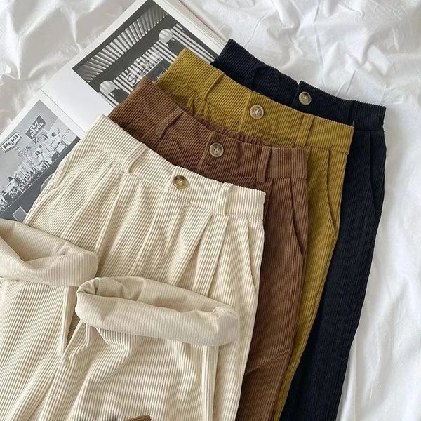 Женские брюки Капри, винтажные вельветовые женские брюки с высокой талией, кофейные широкие брюки, осенние повседневные корейские офисные женские брюки 231212