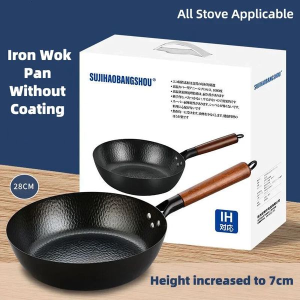 Pfannen Eisenpfanne Wok aus Karbonstahl Traditioneller 11-Zoll-Gasherd-Induktionsherd Universa Kitchen Cookwar Antihaftbeschichtete Bratpfanne ohne Beschichtung 231213