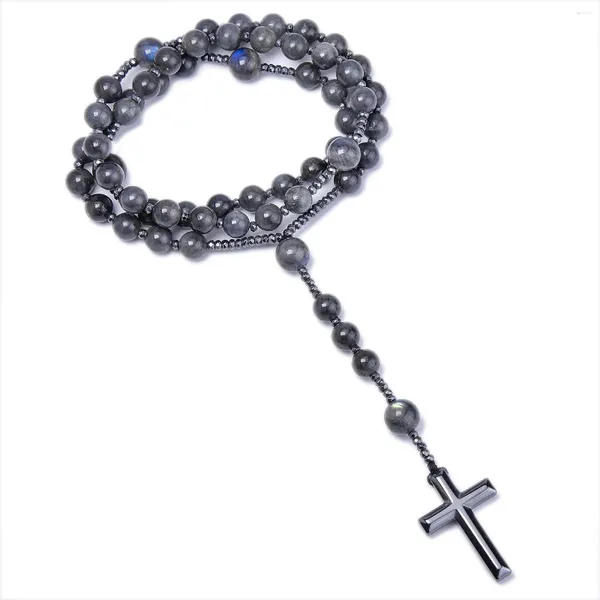Anhänger Halsketten Natürlicher Grauer Labradorit Stein Katholischer Christus Rosenkranz Für Frauen Männer Hämatit Kreuz Mala Schmuck