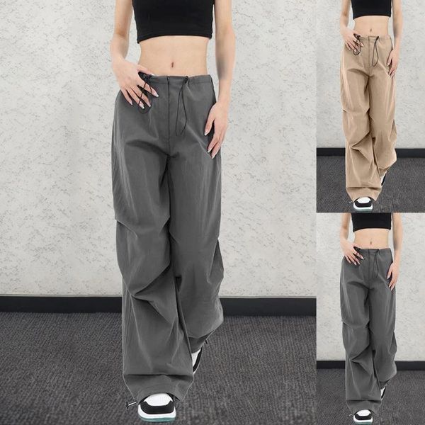 Calças femininas retro cintura baixa bolso hip hop carga solta leggings corredores harajuku streetwear pantalones de mujer