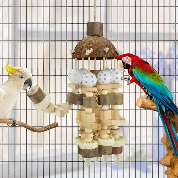 Diğer Kuş Malzemeleri Papağan Asılı Hindistan cevizi Kabuğu Ahşap Bloklar String Chew Oyuncak Kafes Aksesuarları