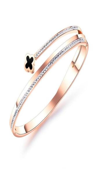 Bracciale rigido super scintillante di moda di lusso con diamante zircone adorabile congedo fortunato in oro rosa e titanio per donna ragazza4707115