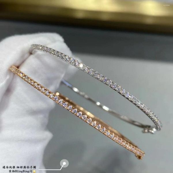 Link Armbänder Luxus S925 Sterling Silber Diamant Armband Dünnes Band Voller Zirkone Einreihige Damen Armreif Schmuck