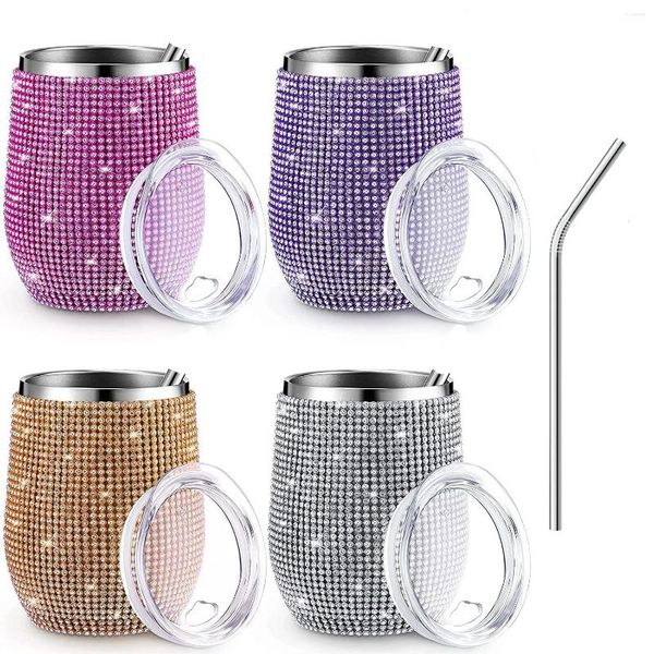 Garrafas de água isoladas copo térmico forma de ovo copos com palha bling vinho cerveja caneca de café garrafa strass vácuo aço inoxidável