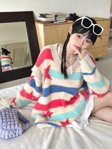 Suéteres femininos adagirl kawaii destacável listra outono estrela padrão retalhos manga comprida pulôver para mulheres y2k v-pescoço doce menina top