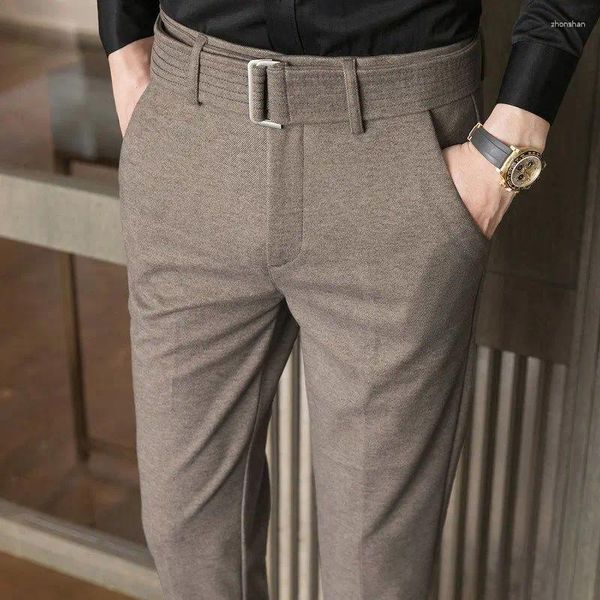 Calças masculinas 2023 primavera outono e inverno negócios casual edição coreana na moda cintura alta com bolso de cinto fino ajuste terno de lã sólida
