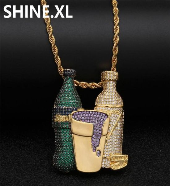 Iced Out Sprite Bottle Фиолетовая чашка Ожерелье с подвеской в стиле хип-хоп Золотая серебряная цепочка для мужчин и женщин7803218