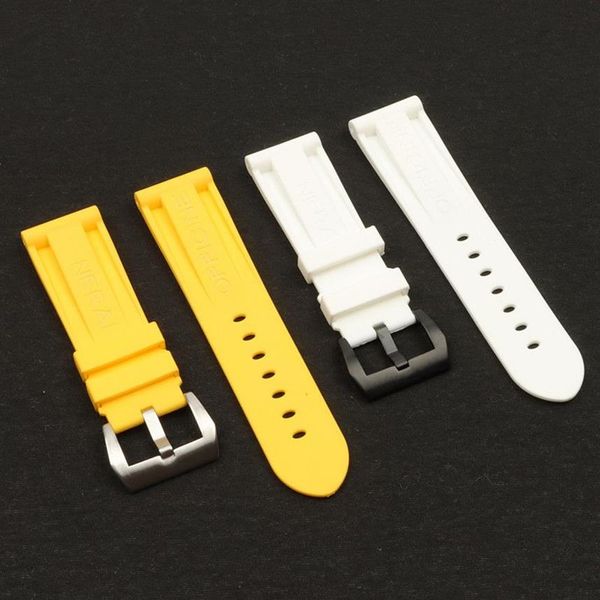 24mm 26mm amarelo branco borracha de silicone pulseira substituição para panerai relógio cinta pino fivela relógio à prova dwaterproof água accessories263u