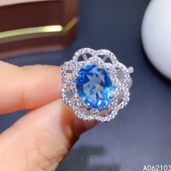 Anelli a grappolo KJJEAXCMY Gioielleria raffinata Argento sterling 925 intarsiato Topazio blu naturale Gemma regolabile da donna in stile OL squisito con fiore ovale