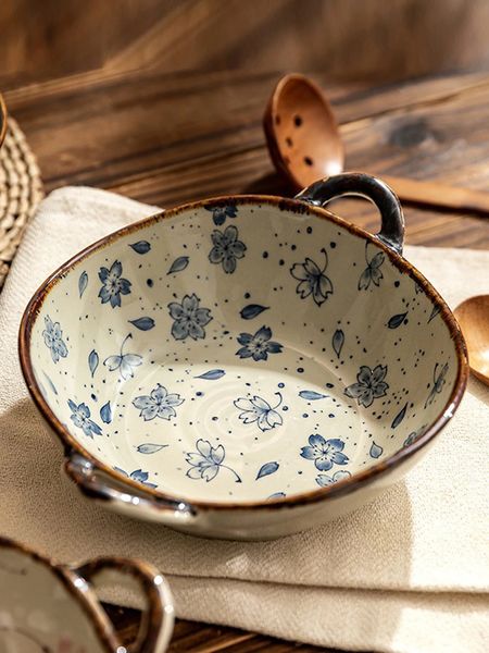 Tigelas 75 polegadas japonesas Sopa de cerâmica de macarrão doméstico japonês com manipular macarrão com cozinha de mesa de mesa de mesa de microondas Bakware 231213